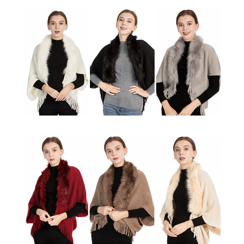 Fur collar knitted shawl