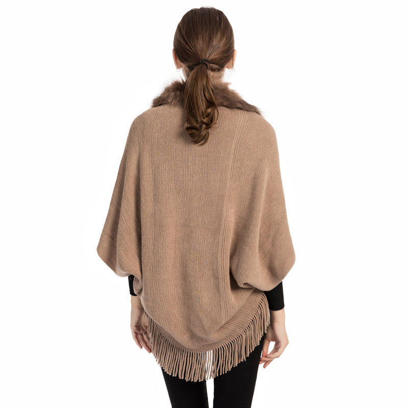 Fur collar knitted shawl
