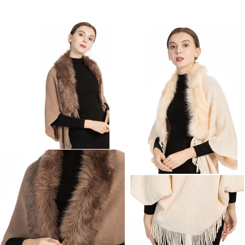 Fur collar knitted shawl