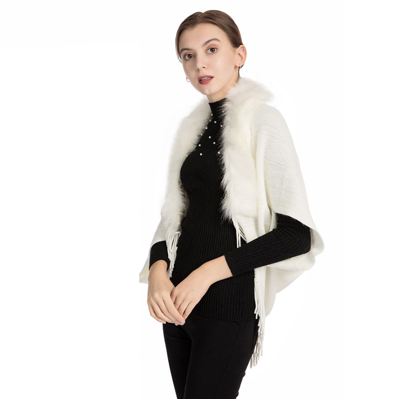 Fur collar knitted shawl