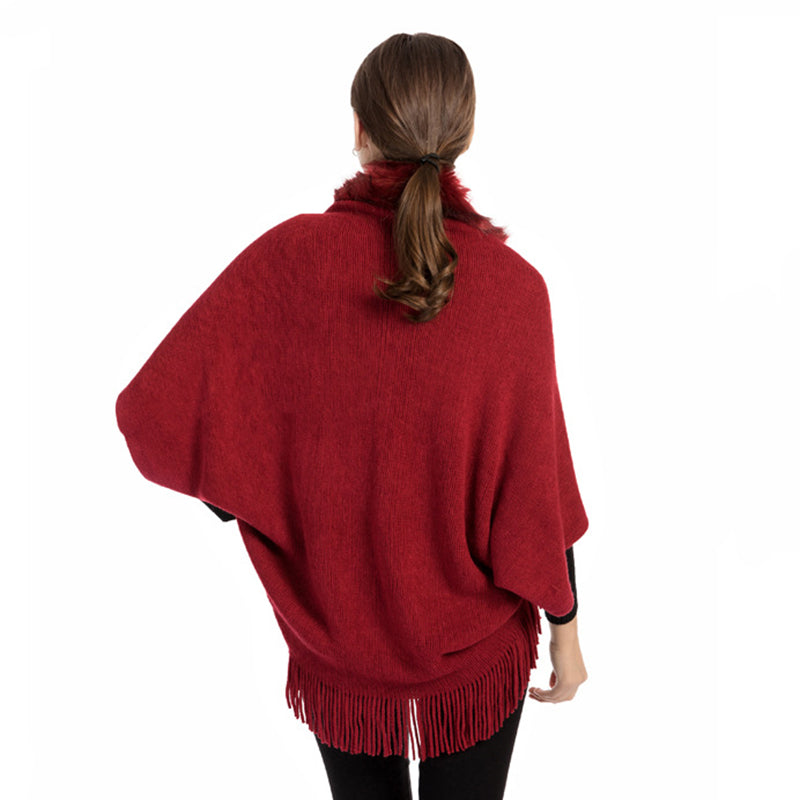 Fur collar knitted shawl