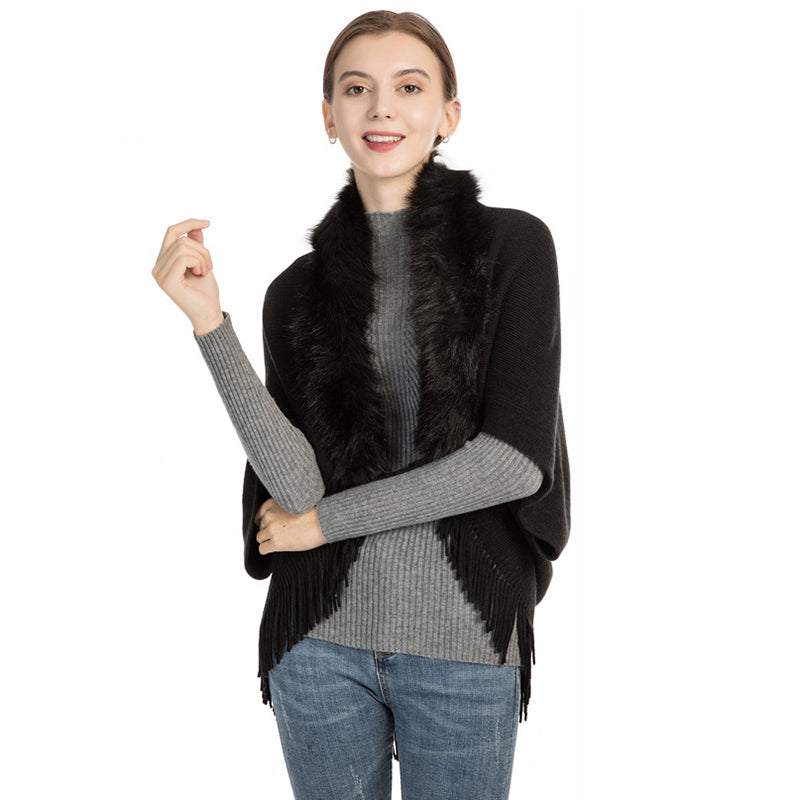 Fur collar knitted shawl