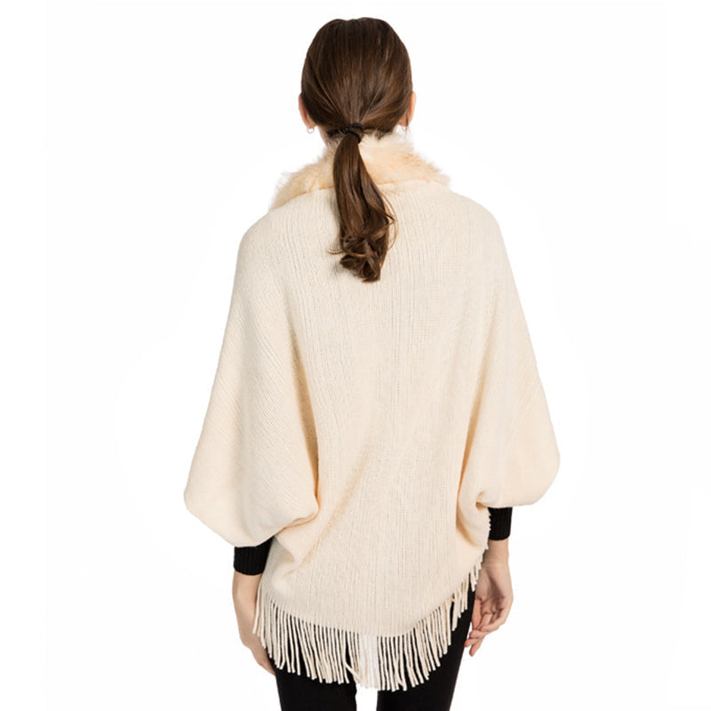 Fur collar knitted shawl