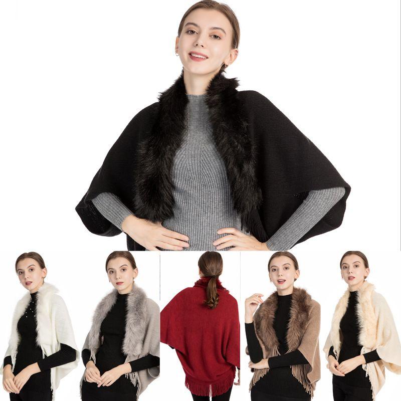 Fur collar knitted shawl