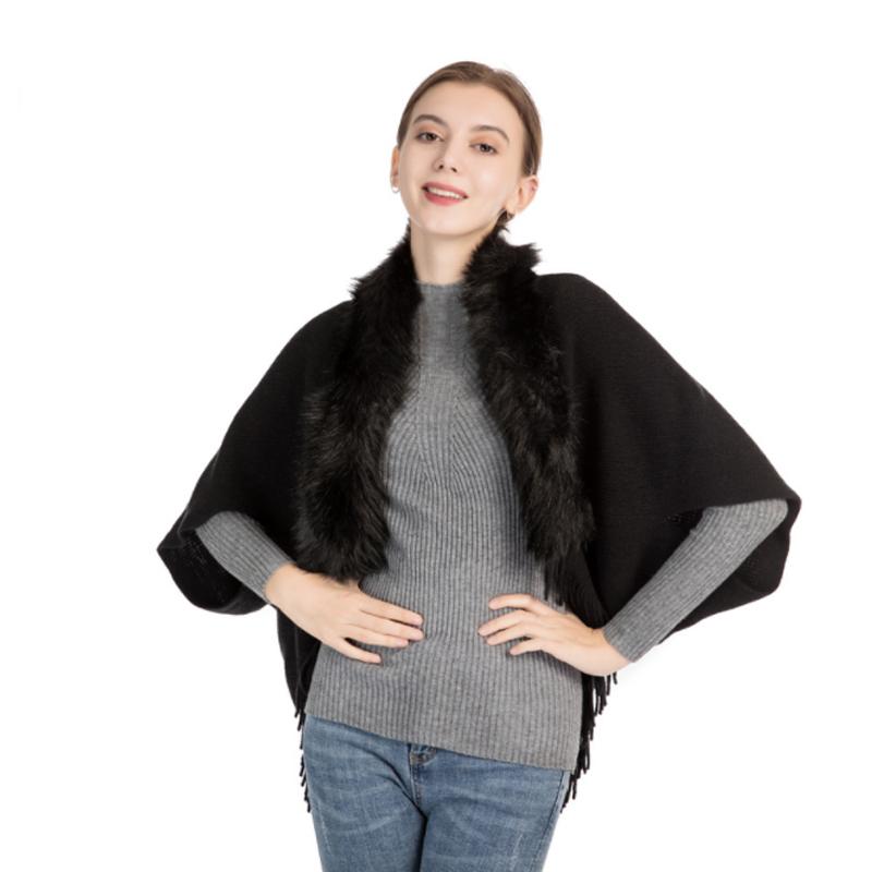 Fur collar knitted shawl