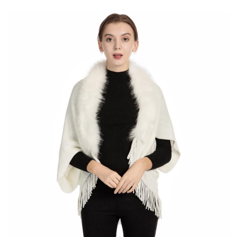 Fur collar knitted shawl