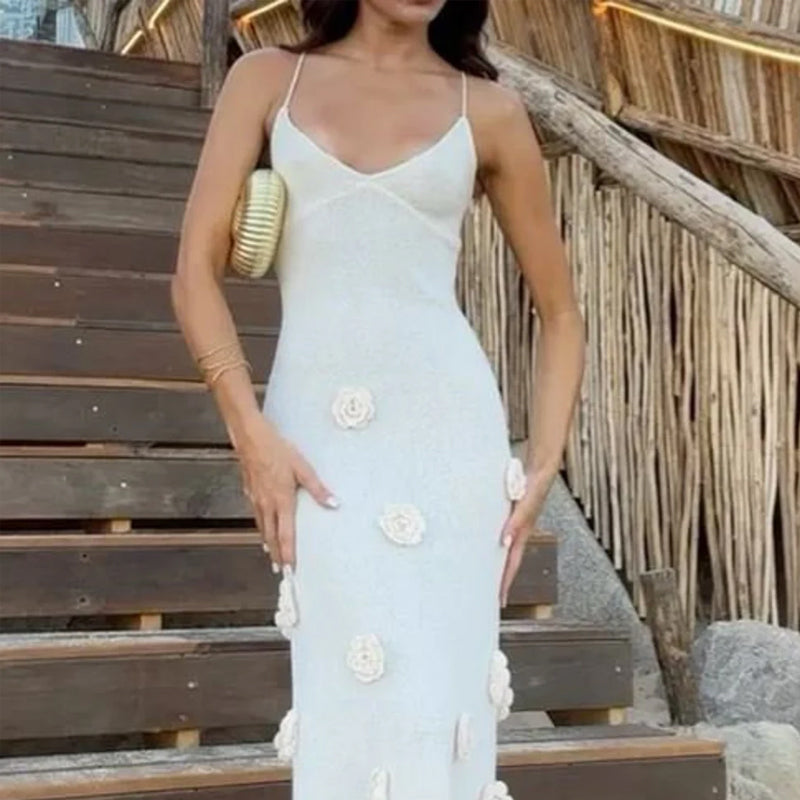 3D flower solid color backless cami dress