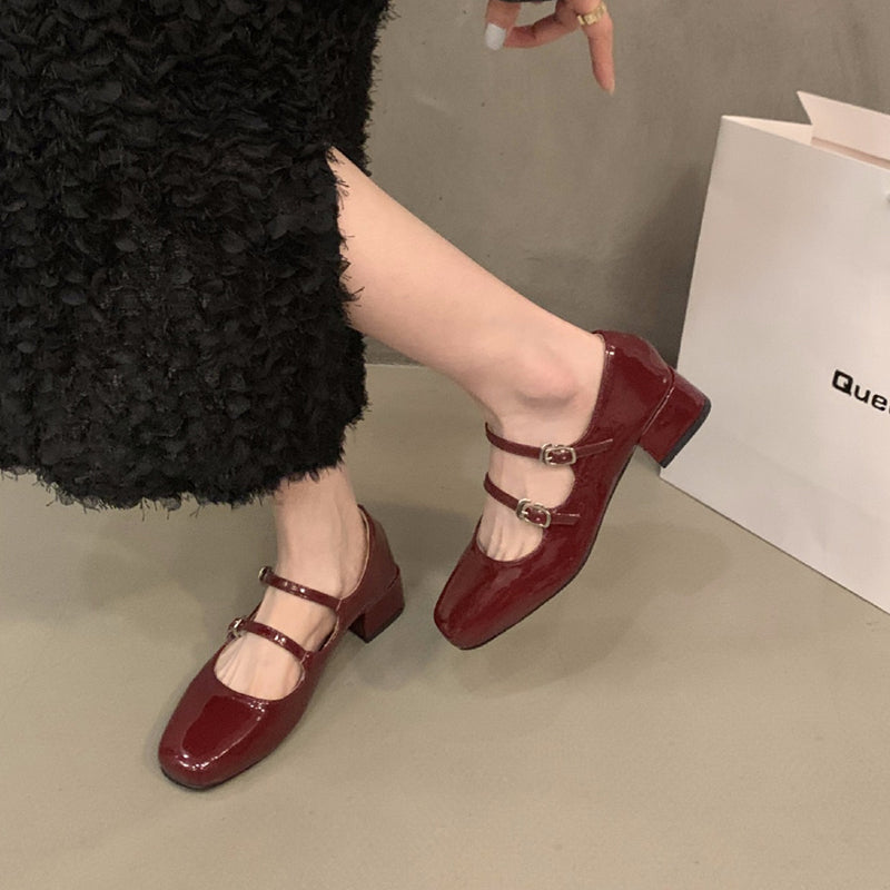 Chunky Heel Double Shoe Tab Flats