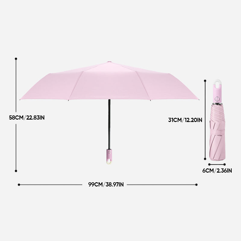 Three-fold self opening and retracting umbrella with buckle