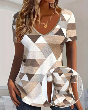 T-shirt z Casual Blokiem Koloru i Gardłem wkształcie U