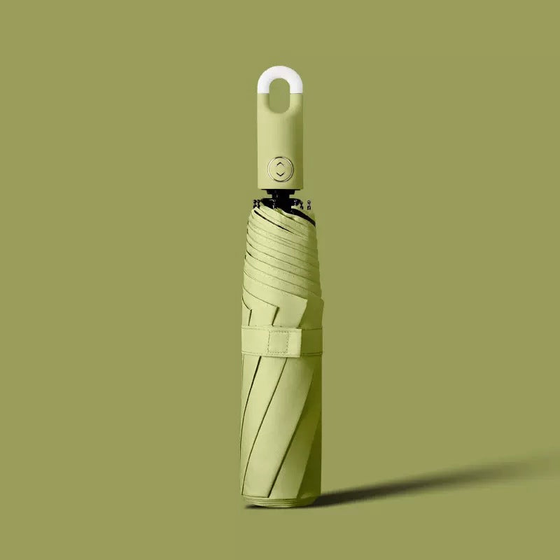 Three-fold self opening and retracting umbrella with buckle